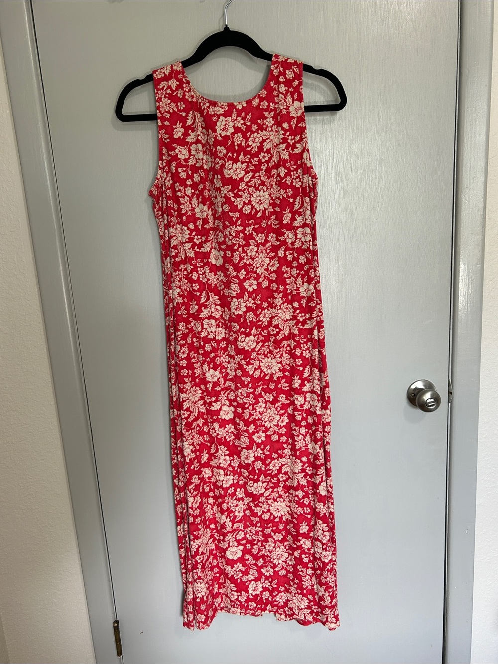 Vintage 90s Style Red Ditsy Floral Sleeveless Maxi Dress Sundress Linen Blend